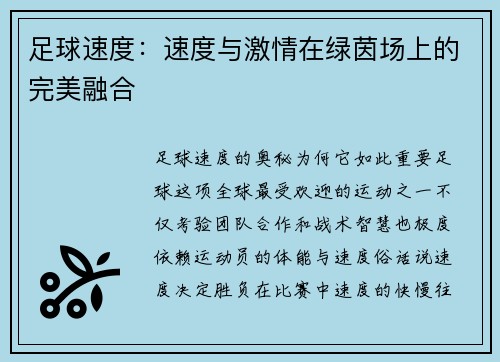 足球速度：速度与激情在绿茵场上的完美融合